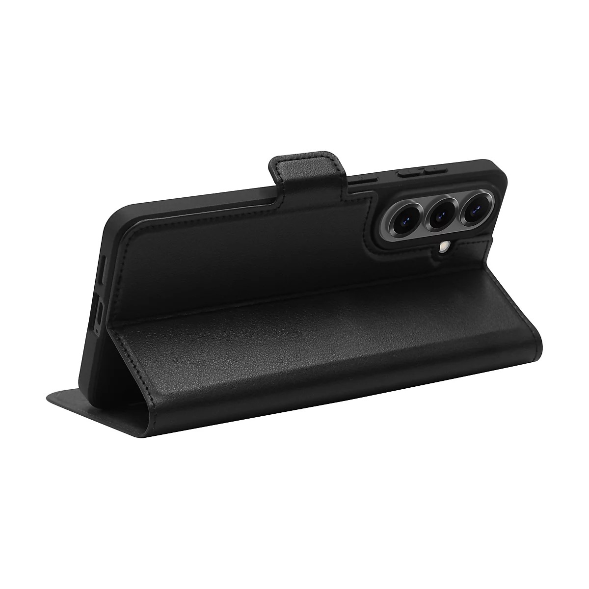 Coque de téléphone noire avec fonction pliante, vue de face ouverte. Trois objectifs de caméra sont visibles. La fermeture de l'étui est visible.