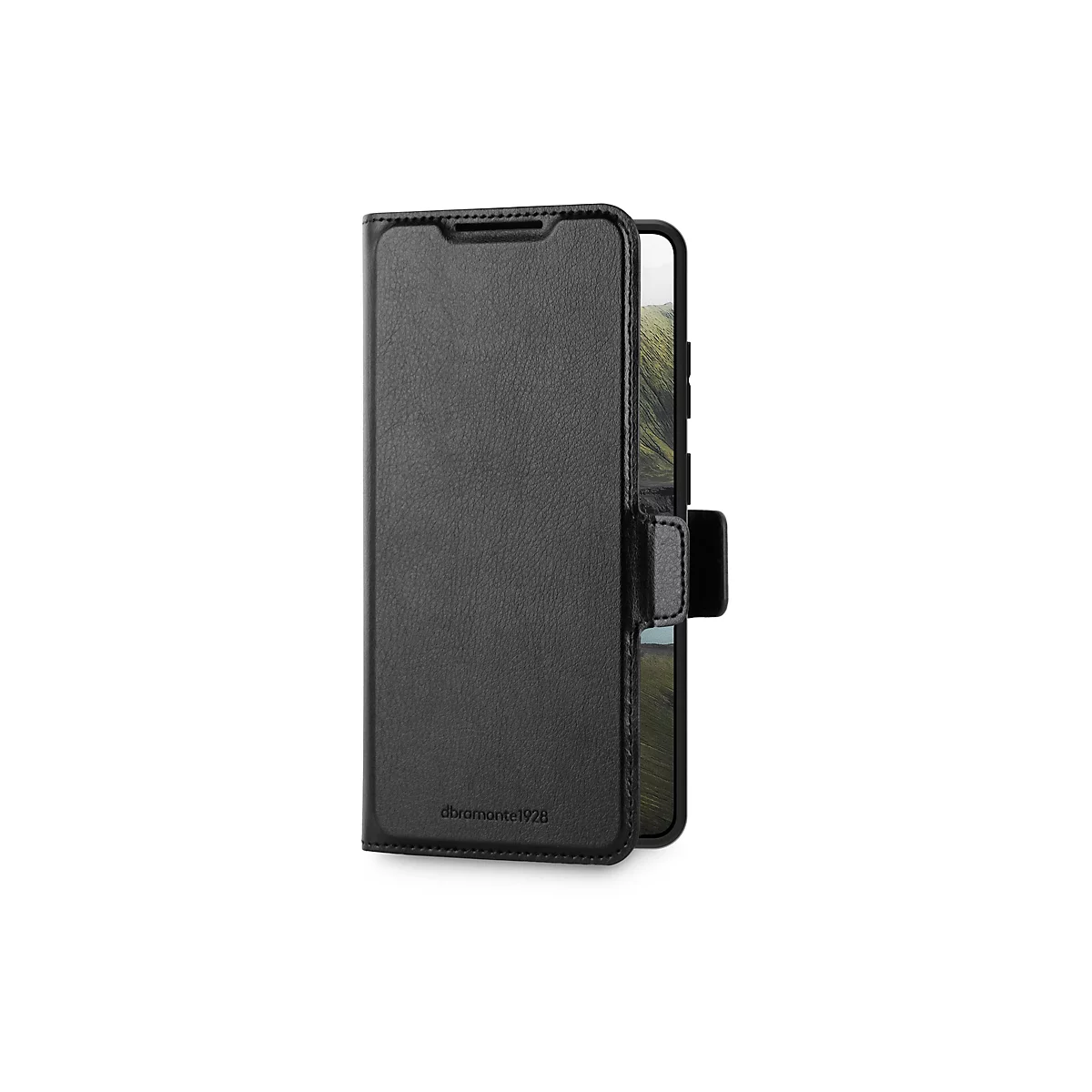 Étui de téléphone en cuir noir avec un téléphone à l'intérieur affichant un paysage.