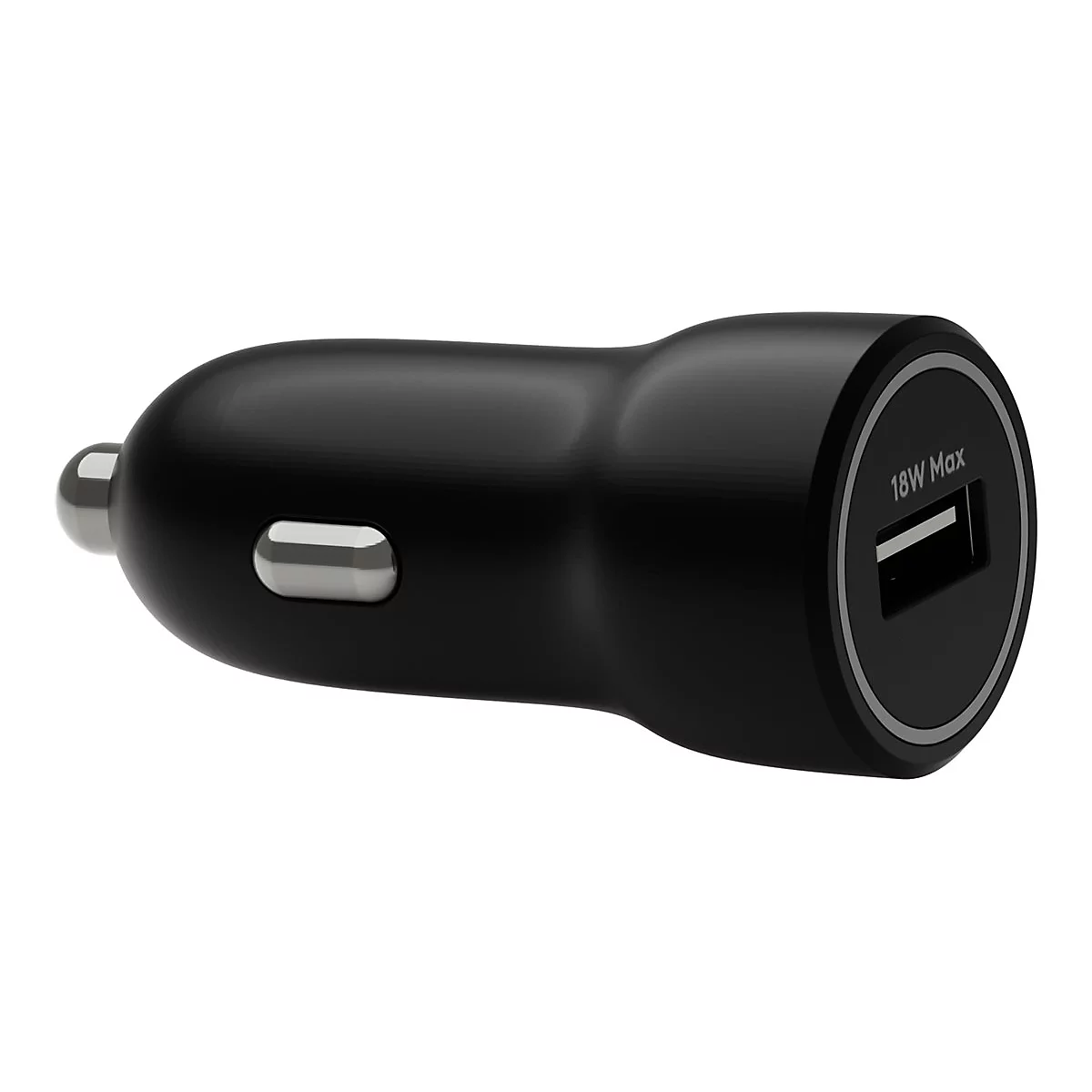 Schwarzes Autoladegerät mit USB-Anschluss, Aufschrift '18W Max'.