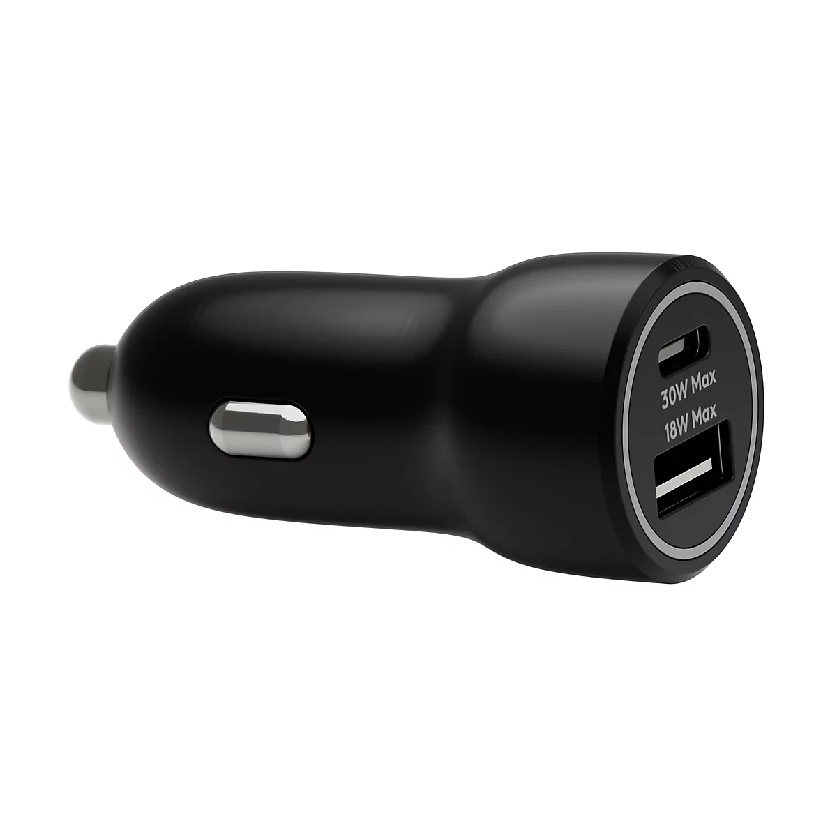 Schwarzes Kfz-Ladegerät mit USB-Anschlüssen. Aufschrift: 30W Max und 18W Max.