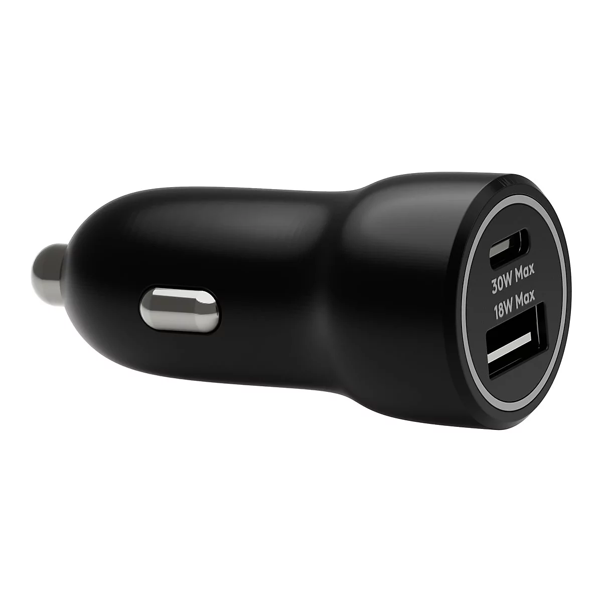 Schwarzer USB-Autoladegerät, 30W Max und 18W Max gekennzeichnet. Auf weißem Hintergrund.