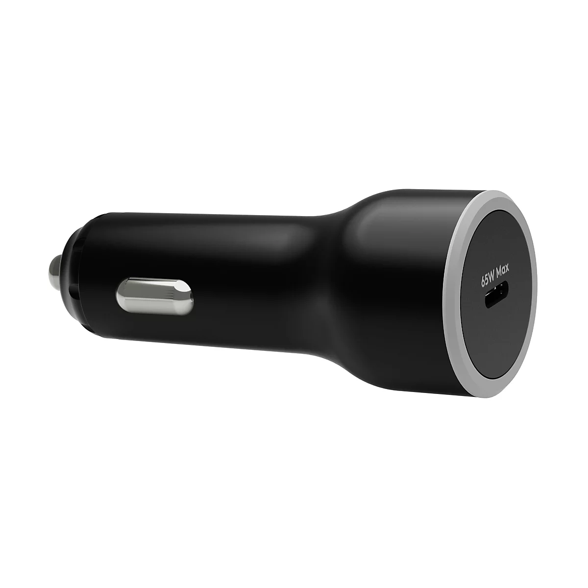 Ein schwarzes 65W-Autoladegerät vor weißem Hintergrund. Es hat eine glatte Oberfläche, einen USB-C-Anschluss und eine silberne Umrandung.