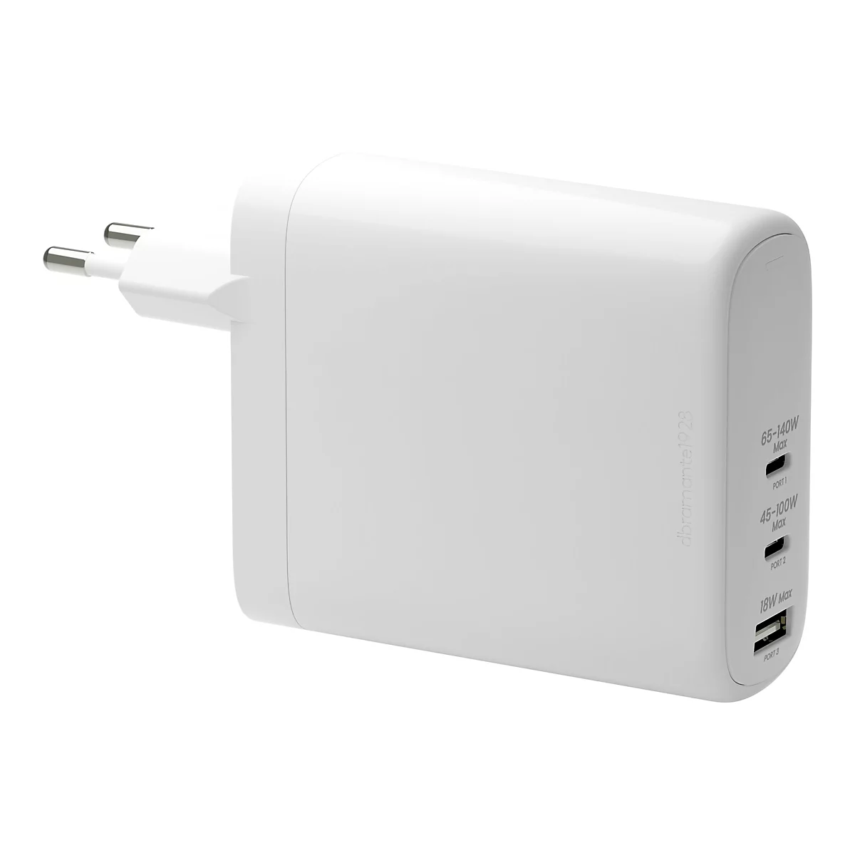 Ein weißes Ladegerät mit drei USB-C-Anschlüssen. Aufschrift: 65-140W Max, 45-100W Max und 18W Max.