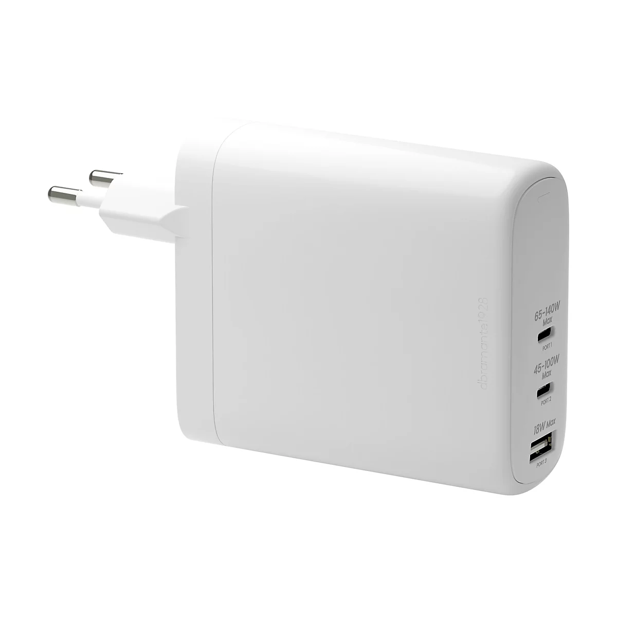 Weißes Ladegerät mit drei USB-C-Anschlüssen. Aufschrift: 65-140W Max, 45-100W Max, 18W Max.