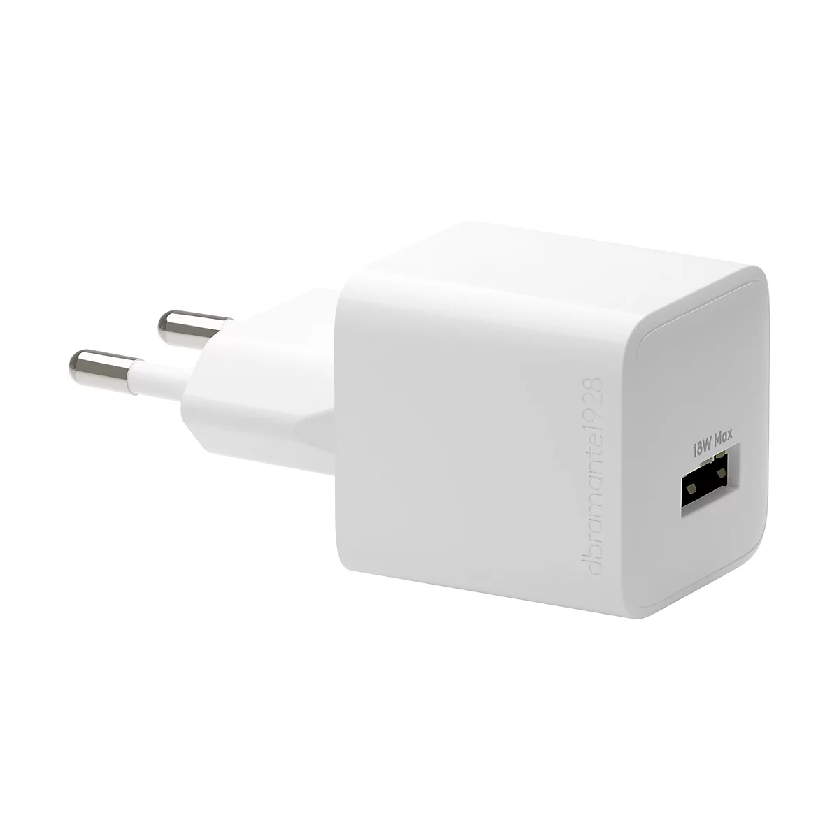 Weißes Ladegerät mit Steckern und USB-Anschluss. Auf dem Gehäuse steht „dbramante1928, 18W Max“.