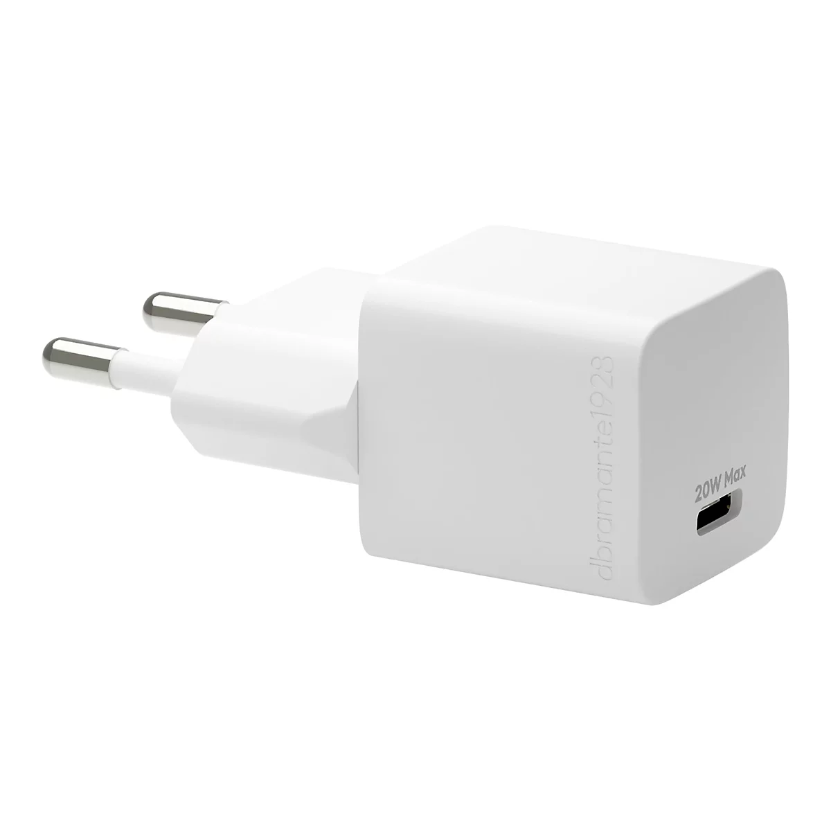 Weißes Ladegerät mit Netzstecker, USB-C-Anschluss, Aufdruck 20W Max und Logo.