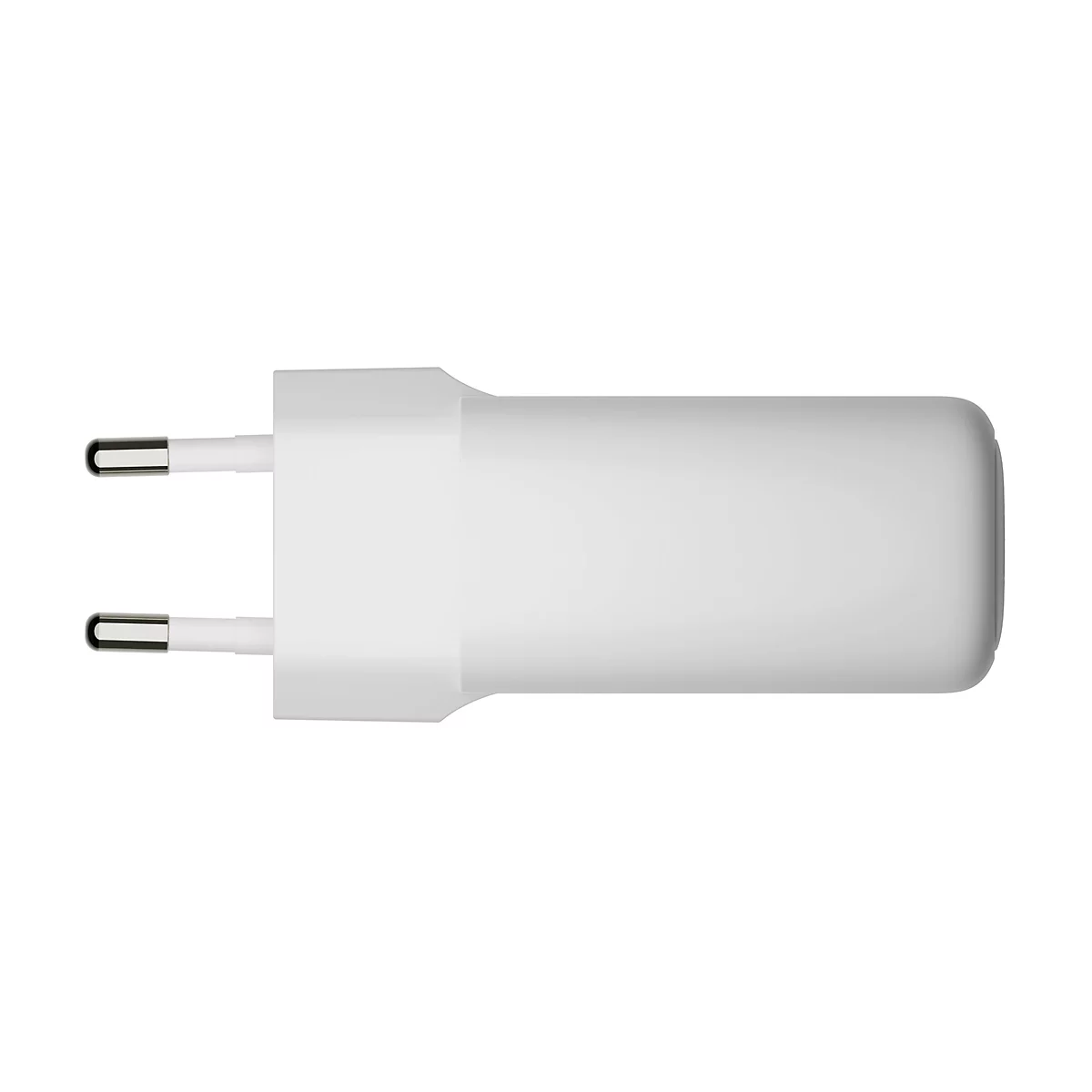 Weißes Netzteil mit zwei Metallkontakten, freigestellt auf weißem Hintergrund.