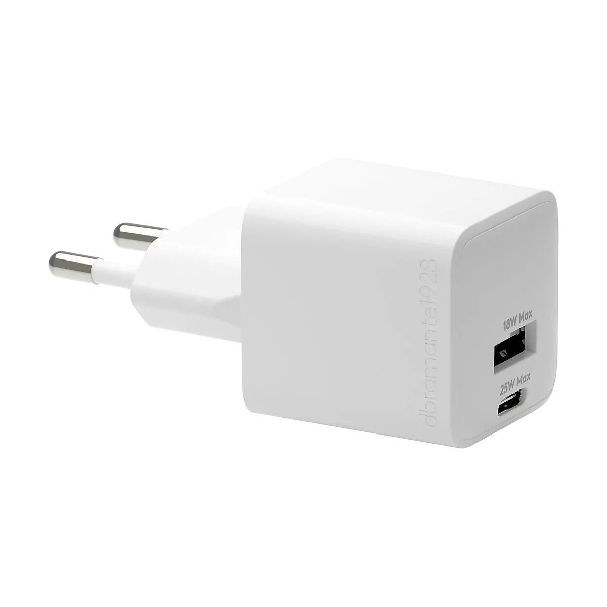 Weißes Ladegerät mit zwei USB-Anschlüssen, 18W Max und 25W Max Beschriftung. Die Marke ist auf dem Gehäuse abgebildet.