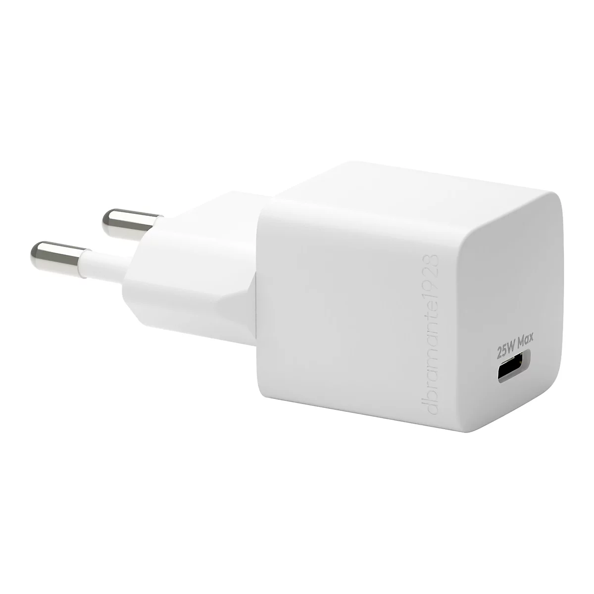 Weißes Ladegerät mit Netzstecker und USB-Anschluss, beschriftet mit "dbrante1928" und "25W Max".