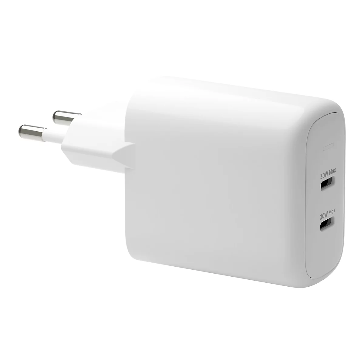 Weißes Netzteil mit Stecker, zwei Ladeanschlüssen und der Aufschrift 30W Max.