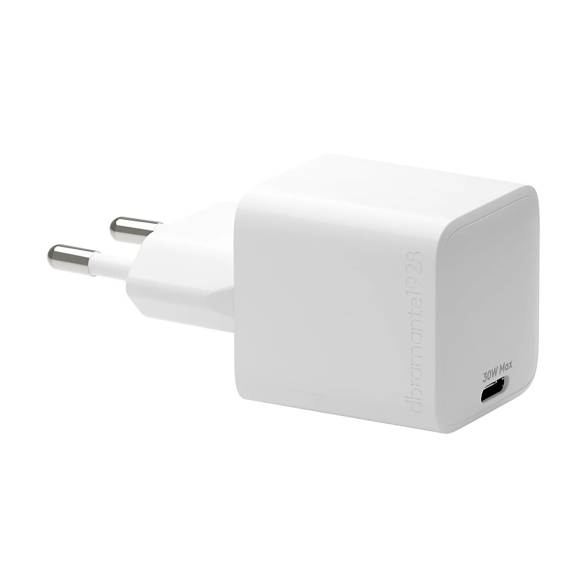 Weißes Netzteil mit Stecker, abgerundeten Kanten. Aufdruck: "dbramante1928 30W Max".