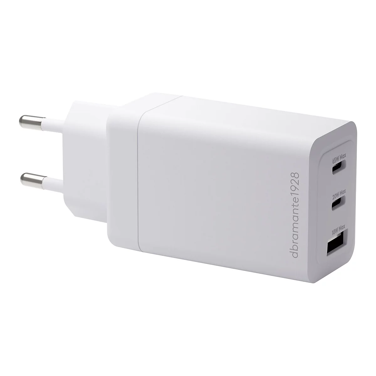 Chargeur blanc avec trois ports USB. Inscription : dbramante1928, 65W Max, 20W Max, 18W Max.