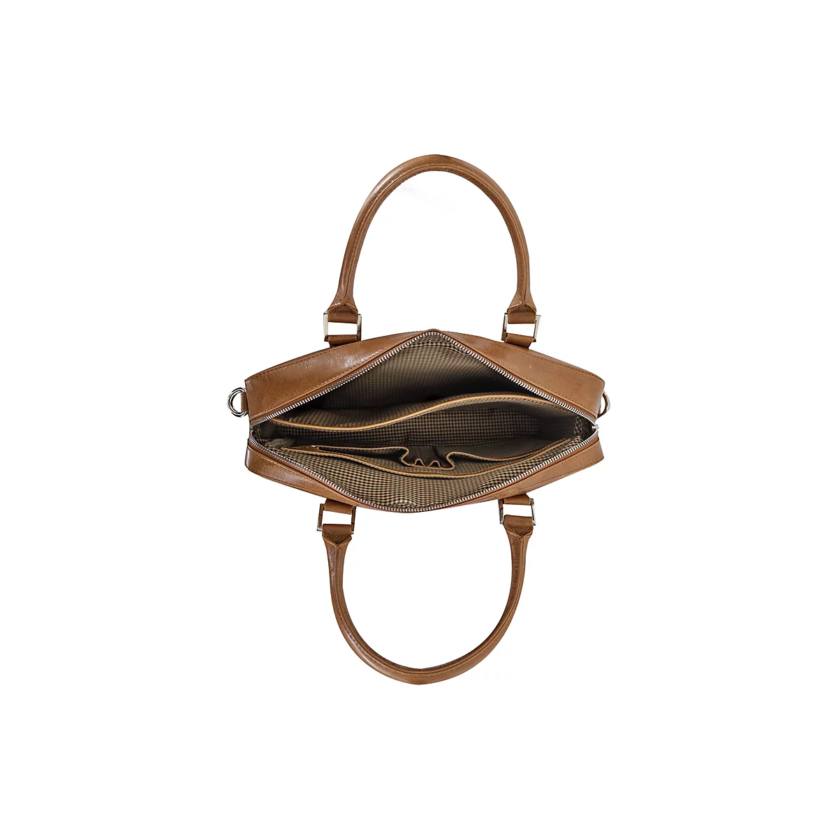 Hellbraune Ledertasche, von oben geöffnet, mit zwei Tragegriffen, Reißverschluss und Innenfutter mit Karomuster.