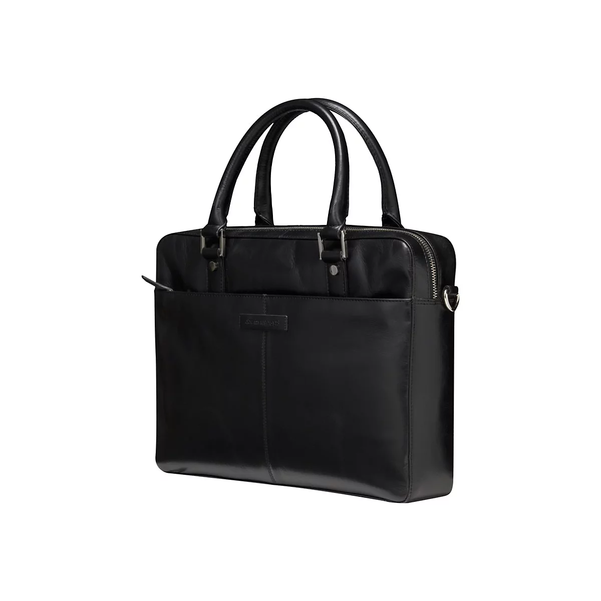 Schwarze Ledertasche mit Tragegriffen und Reißverschluss, Markenlogo. Steht vor weißem Hintergrund.