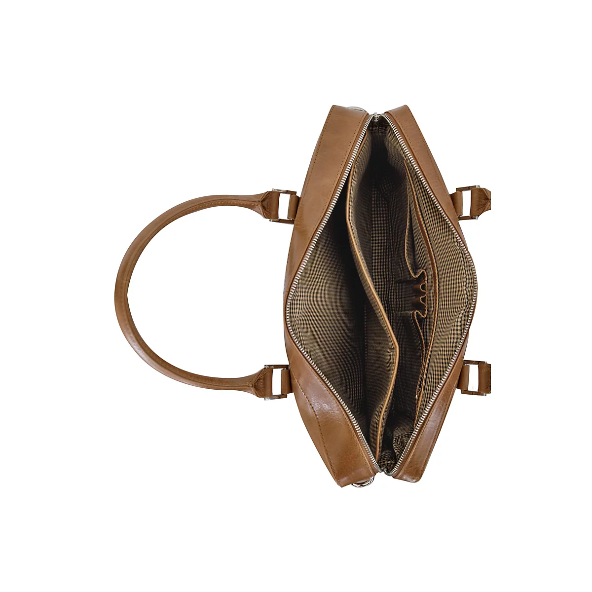 Offene, braune Ledertasche mit Henkeln und Reißverschluss. Innen braunes Karomuster.