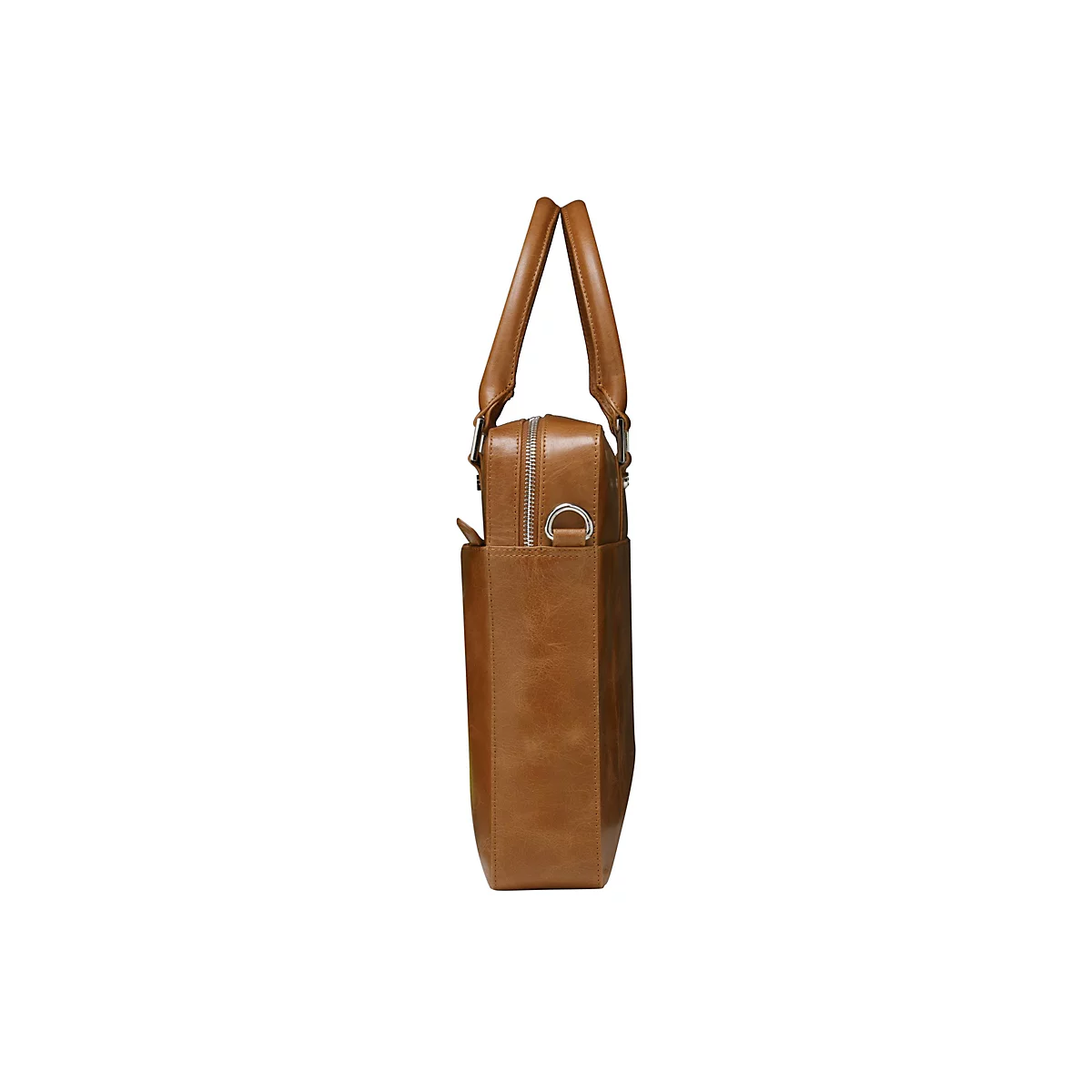 Eine braune Ledertasche, die im Profil vor einem weißen Hintergrund abgebildet ist. Sie hat zwei Henkel, einen Reißverschluss und eine seitliche Tasche.