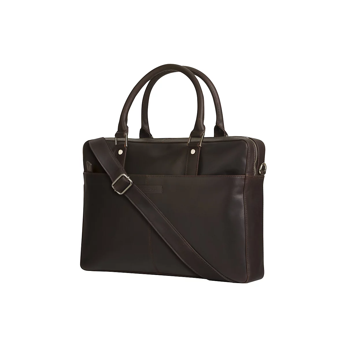 Braune Ledertasche mit Henkeln und Schulterriemen, Reißverschluss und Metallbeschlägen.