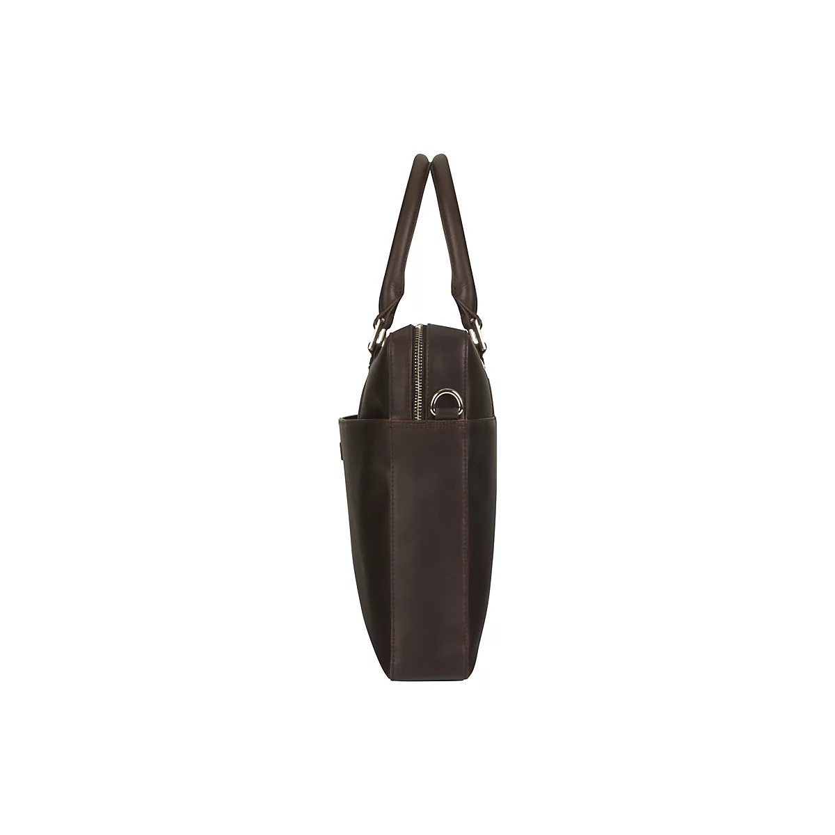 Dunkelbraune Ledertasche, seitlich betrachtet, mit Henkeln und Reißverschluss.