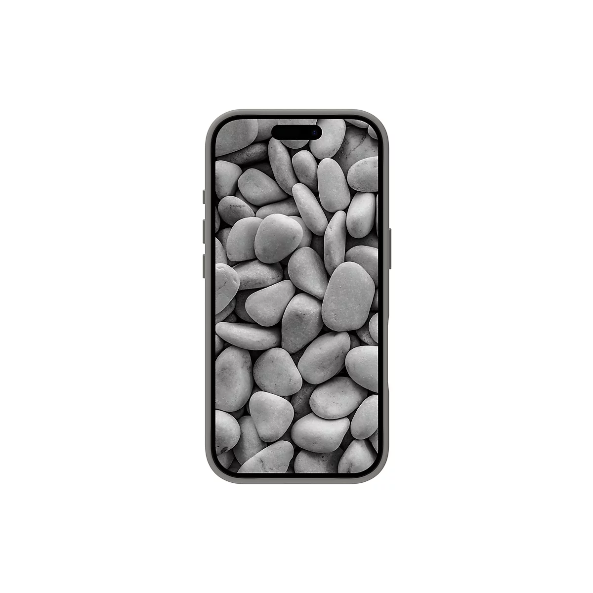Graues Smartphone mit Steinmuster auf dem Display, vor weißem Hintergrund.