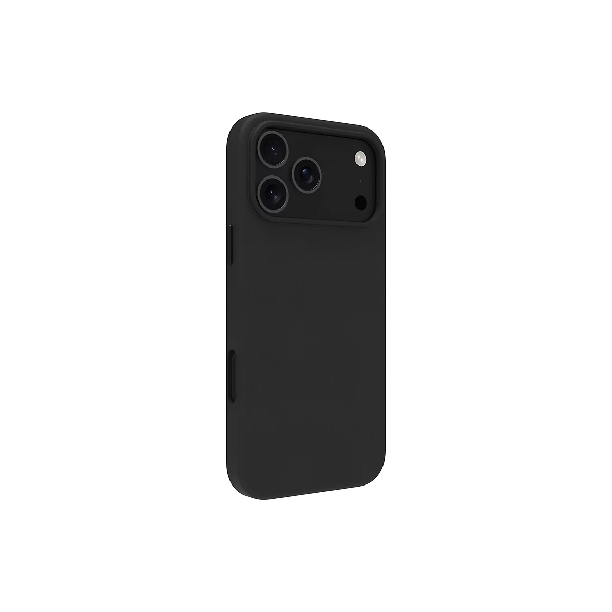 Schwarze Handyhülle für ein Smartphone mit drei Objektiven und einem Blitz, vor weißem Hintergrund.