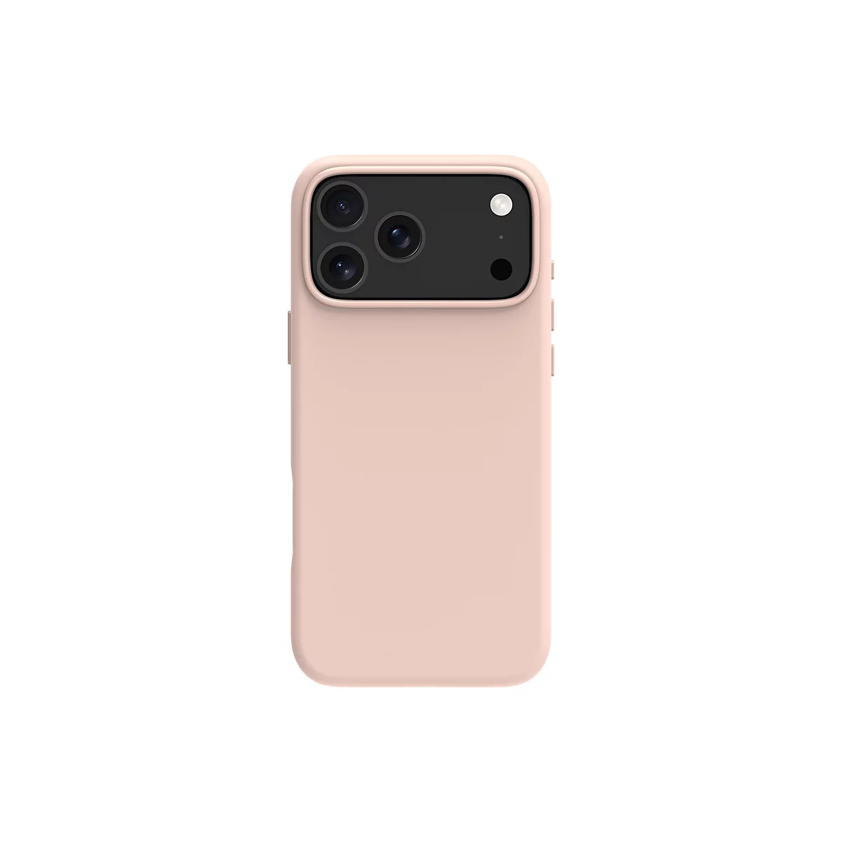 Hellrosa Smartphone-Hülle mit schwarzem Kamerabereich. Das Telefon hat drei Objektive.