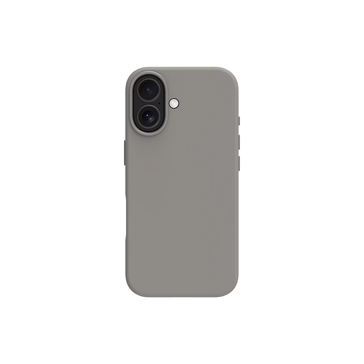 Graue Smartphonehülle mit zwei Kameralinsen und Blitz vor weißem Hintergrund.