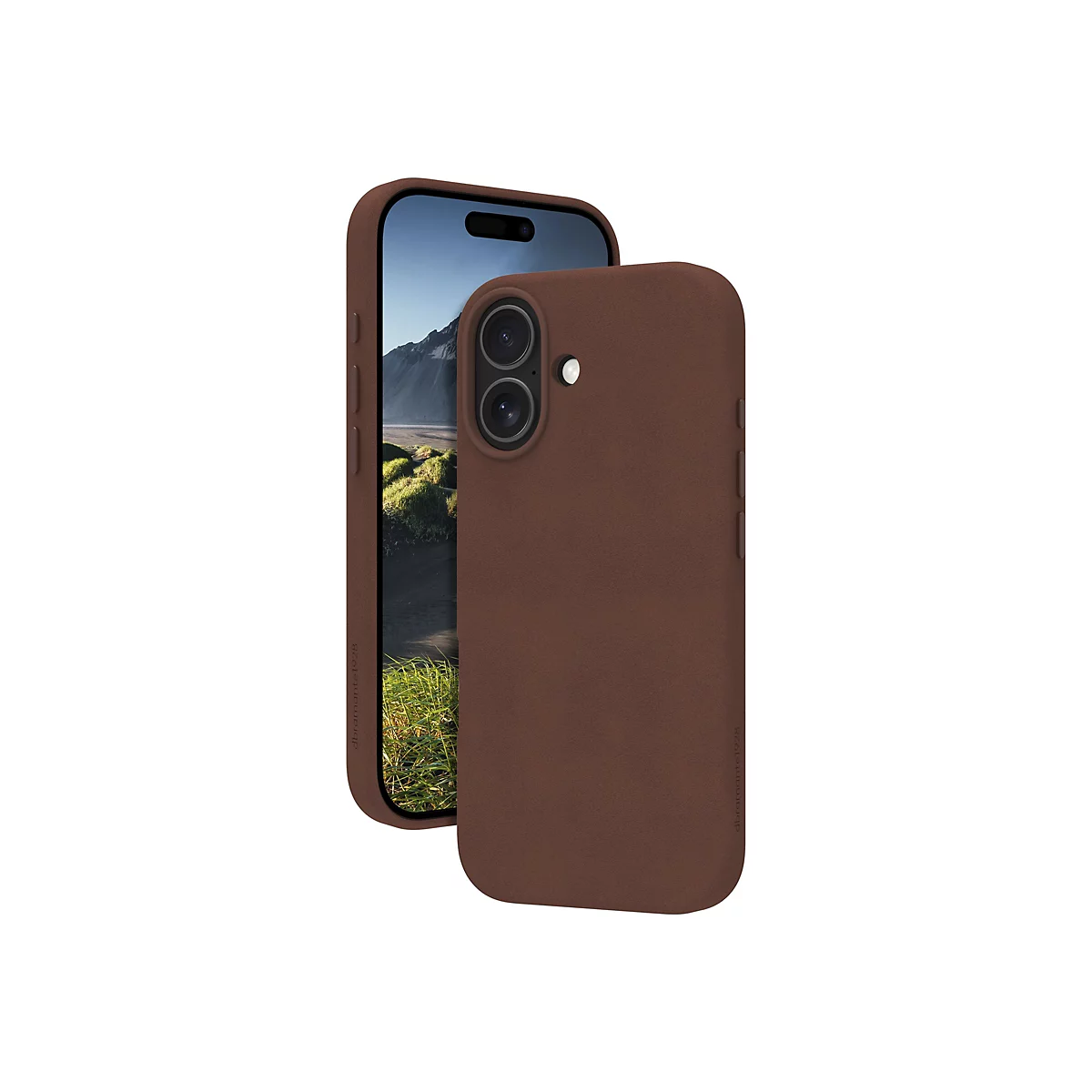 Braunes Smartphone mit Hülle, das neben einem zweiten Telefon mit gleicher Hülle steht. Hülle bedeckt die Kameras und Displayränder.