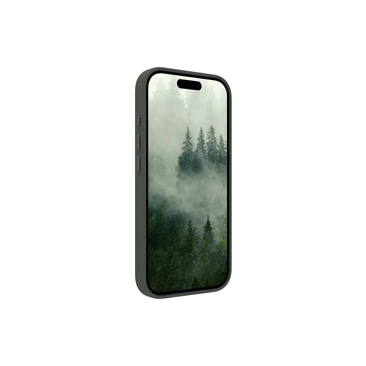Ein graues Smartphone mit einer Schutzhülle, auf dem ein Wald im Nebel abgebildet ist.