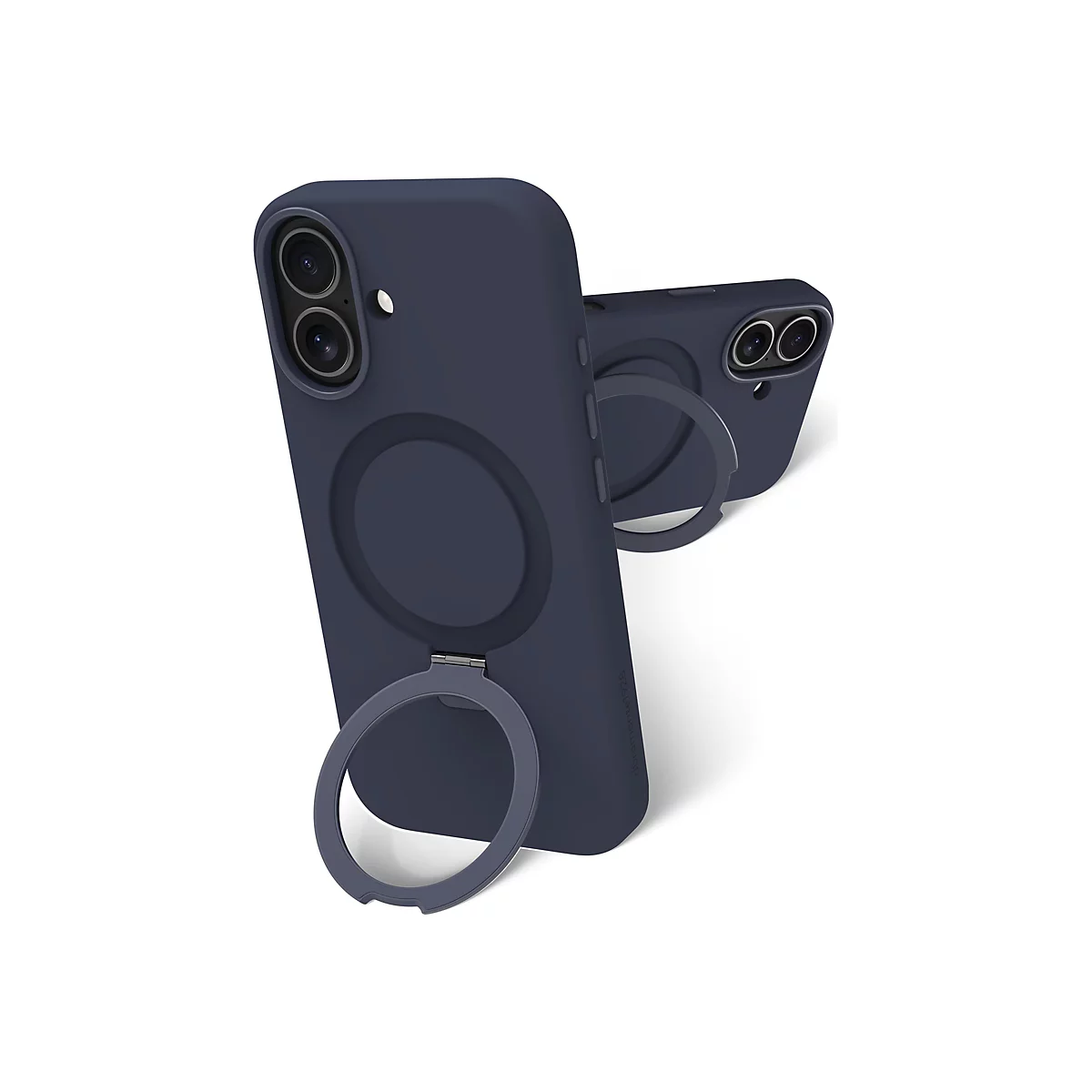 Zwei marineblaue Handyhüllen, die ineinander verschachtelt sind, wobei eine ein ausklappbares Ringelement hat. Das Design ist schlicht.