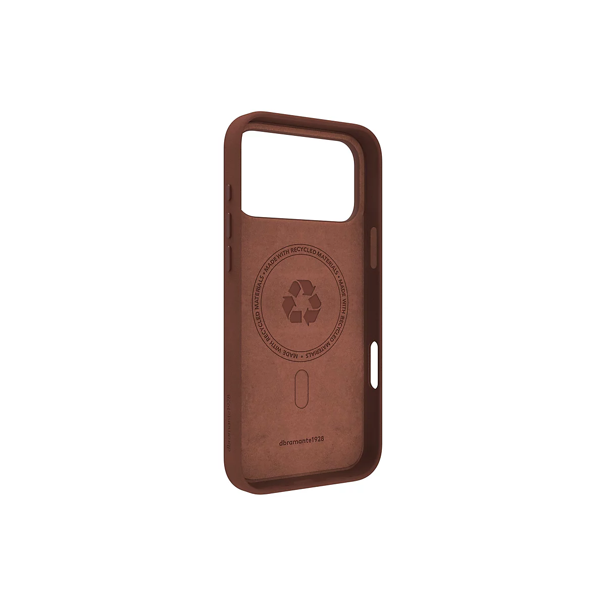 Braune Handyhülle mit Logo aus recycelten Materialien. Der Rahmen der Hülle ist etwas dunkler. Auf der Oberfläche sind Schriftzüge eingraviert.