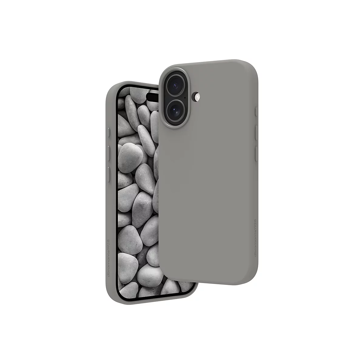 Graue Handyhülle, teilweise über einem Smartphone. Im Hintergrund Steine.