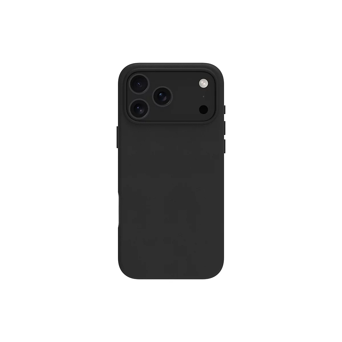 Ein schwarzes Smartphone mit schwarzer Handyhülle; auf weißem Hintergrund.