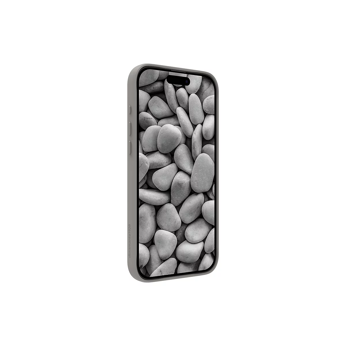 Graues Smartphone mit Steinen auf dem Bildschirm, vor weißem Hintergrund.