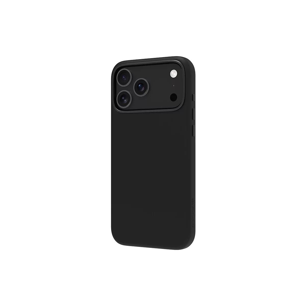 Schwarze Smartphone-Hülle. Drei Kameralinsen oben links, eine einzelne darunter rechts. Abgerundete Kanten.