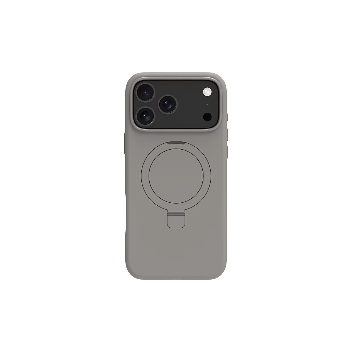 Graue Handyhülle für ein Smartphone, Detailansicht. Auf der Rückseite sind drei Kameraobjektive und ein Magnetring zu sehen.
