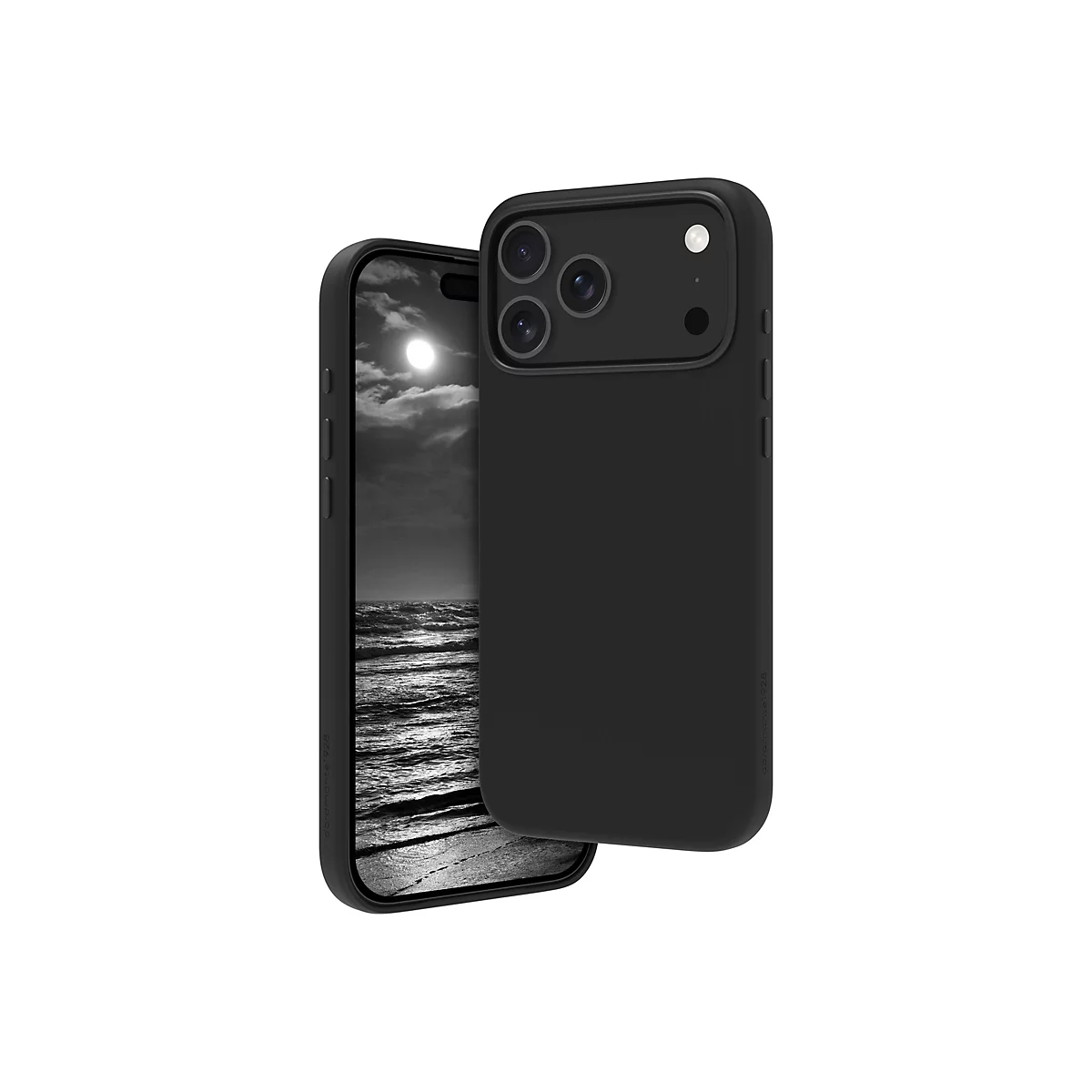 Ein schwarzes Smartphone mit Hülle, das Display zeigt einen Strand in Schwarzweiß. Auf der Rückseite des Handys sind Kameraobjektive zu sehen.