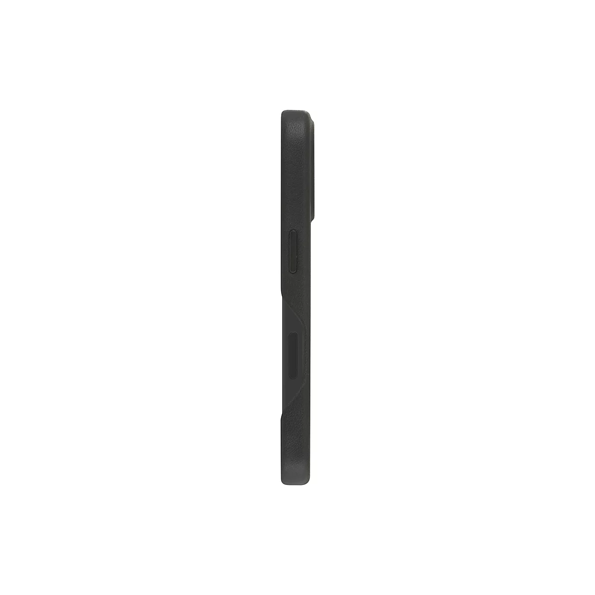Schwarze Smartphone-Hülle im Seitenprofil vor weißem Hintergrund. Zwei längliche Aussparungen an der Seite.