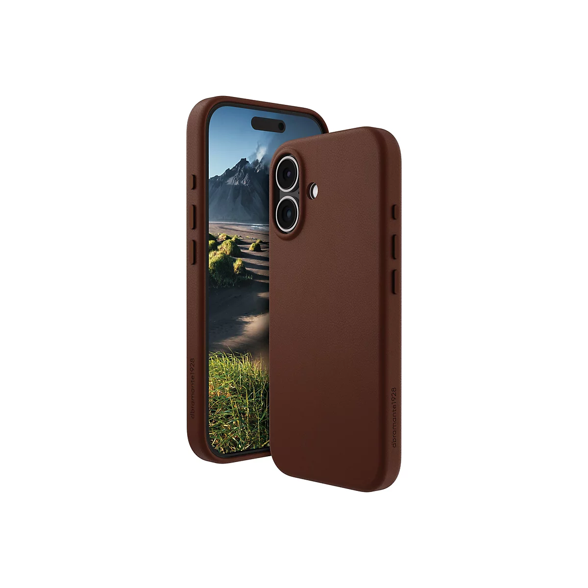 Ein braunes Smartphone-Case, das ein Handy mit braunem Rahmen und Berglandschaft zeigt. Daneben ein einzelnes Case.