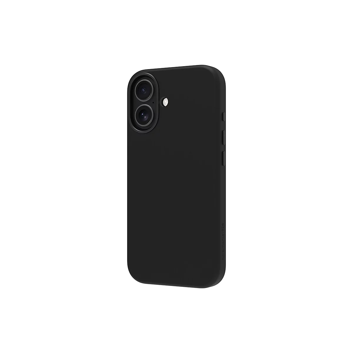 Schwarze Smartphone-Hülle mit zwei Kameraobjektiven und Knöpfen an der Seite. Hintergrund weiß.