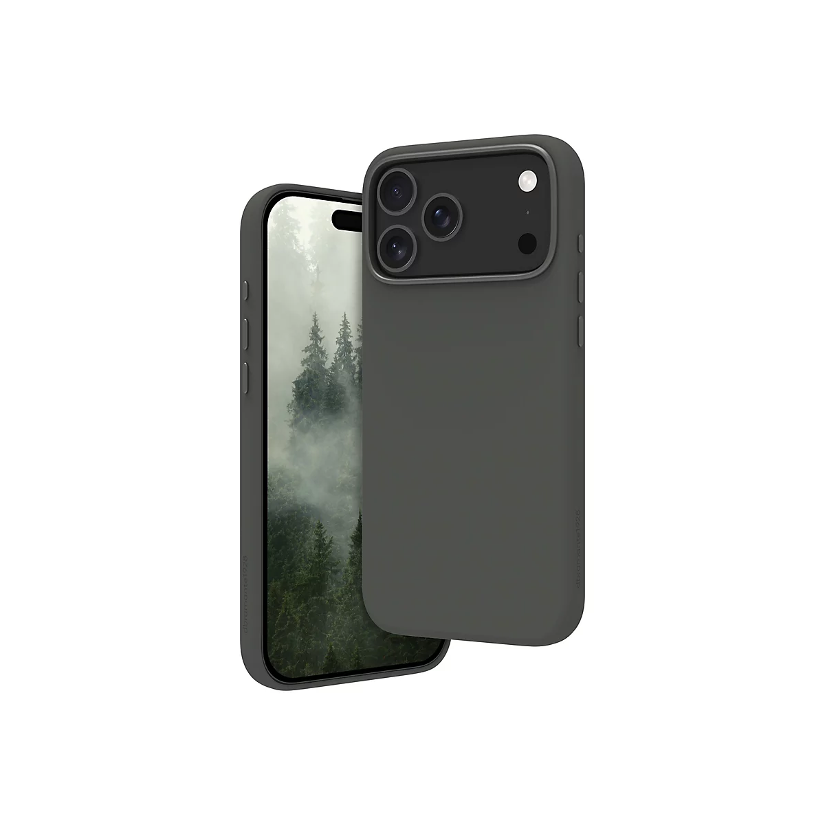 Ein graues Smartphone mit Hülle, leicht abgewinkelt. Der Bildschirm zeigt Bäume im Nebel.