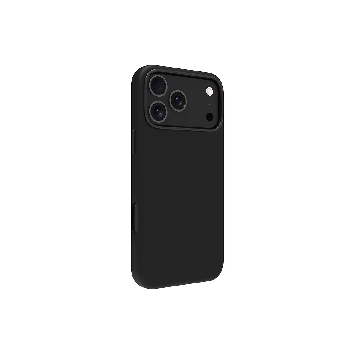 Ein schwarzes iPhone-Case vor weißem Hintergrund. Die Rückseite mit drei Kameralinsen und einem Blitz.