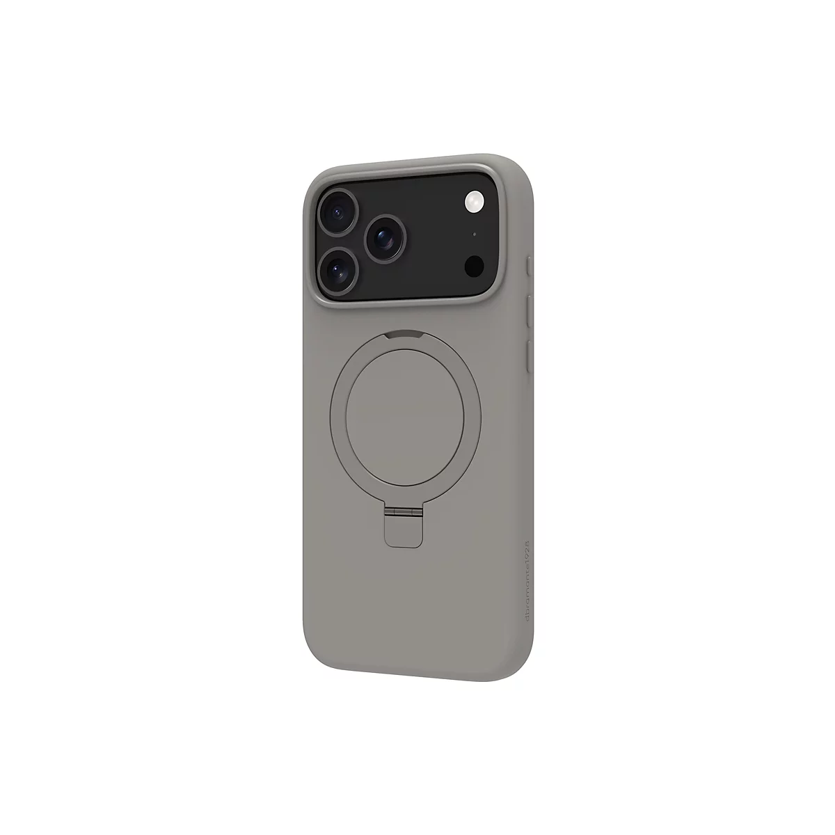Graue Smartphone-Hülle mit Kameraausschnitt und runder Halterung, auf weißem Hintergrund.