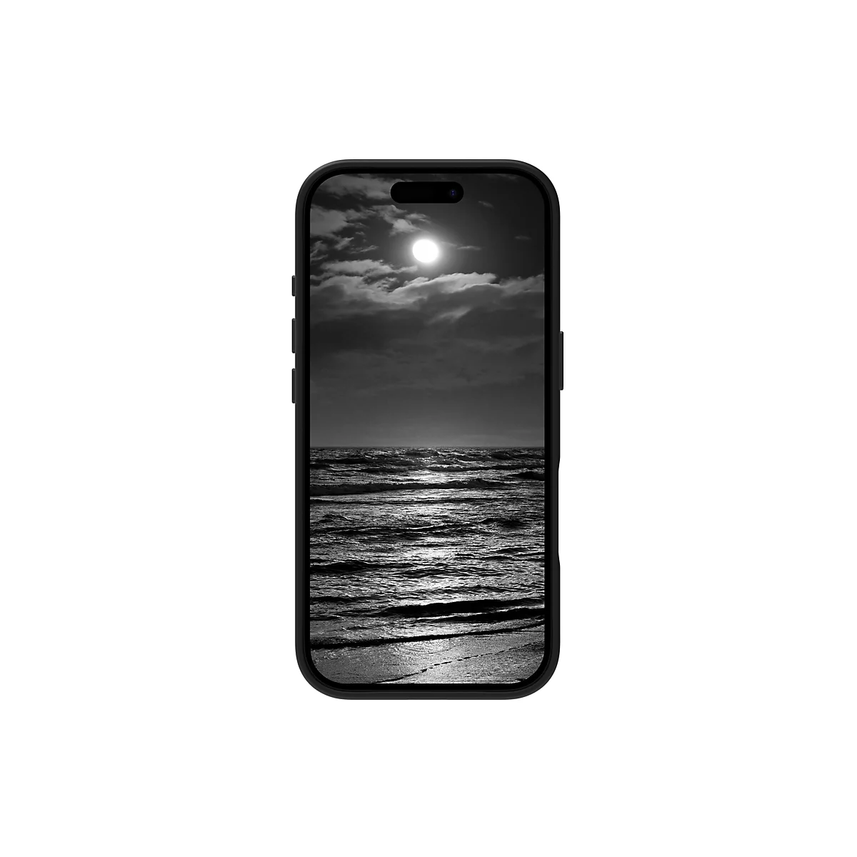 Ein Smartphone zeigt eine Schwarz-Weiß-Ansicht von Meer und Mond. Der Mond strahlt durch Wolken. Wellen brechen am Strand.