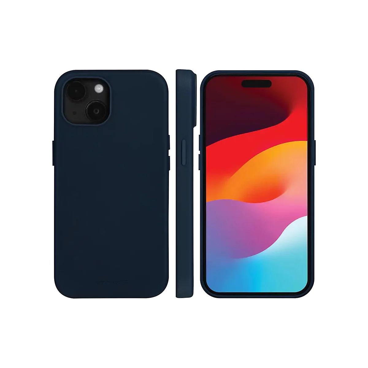 Dunkelblaues iPhone mit Hülle und Bildschirmansicht. Seitenansicht der Hülle.