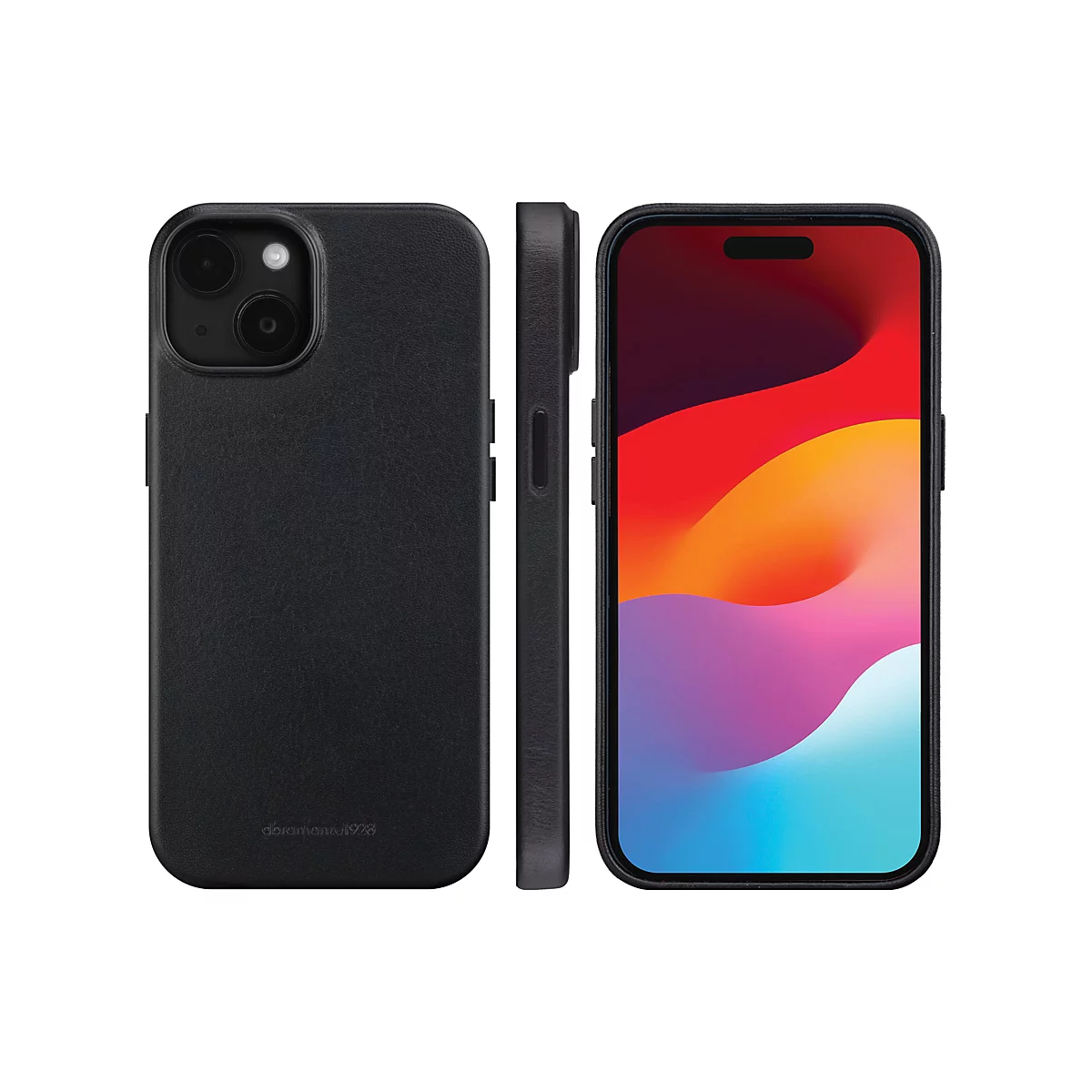 Schwarzes iPhone-Gehäuse, mit drei Ansichten: Vorder-, Seiten- und Rückansicht. Die Rückseite ist strukturiert, die Vorderseite zeigt das Display.