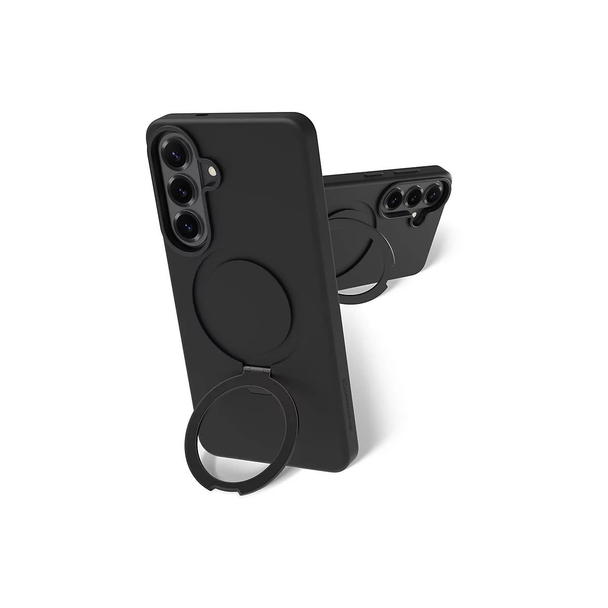 Gros plan sur une coque de téléphone noire avec support en anneau. Un deuxième téléphone avec coque est en arrière-plan.
