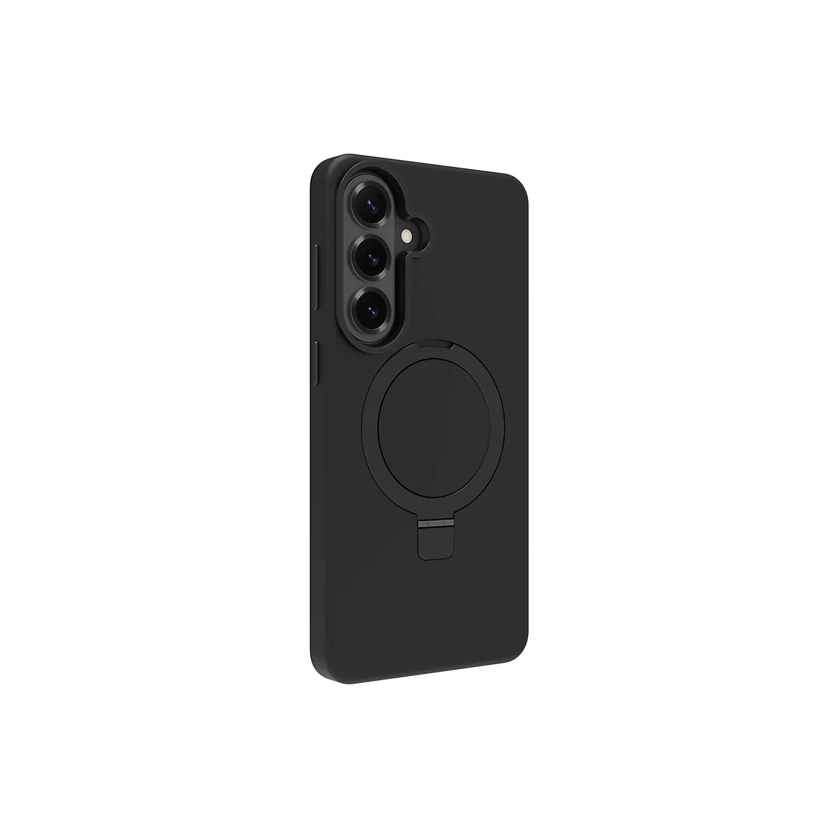 Coque de téléphone noire avec découpe pour appareil photo et support. Sur fond blanc.