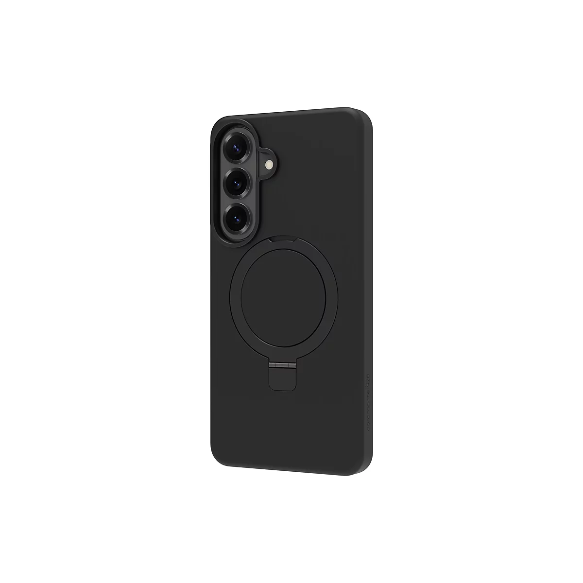 Coque de téléphone noire avec découpe pour appareil photo et support. Un anneau magnétique et un support pliable sont visibles à l'arrière. Le nom de la marque abramante.928 est visible sur le côté.