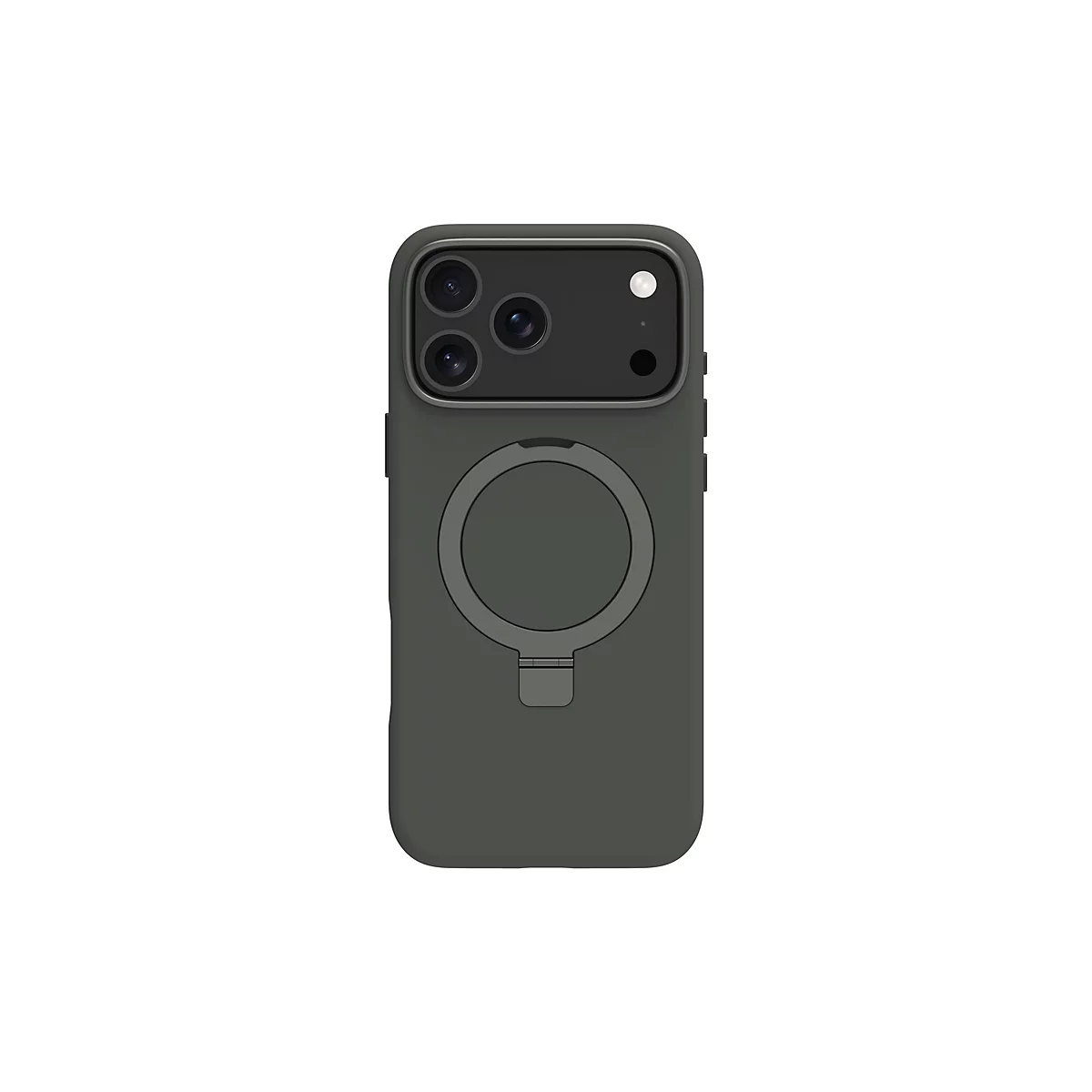 Dunkelgrüne Handyhülle für ein Smartphone, mit drei Kameraobjektiven und MagSafe-Kreis.