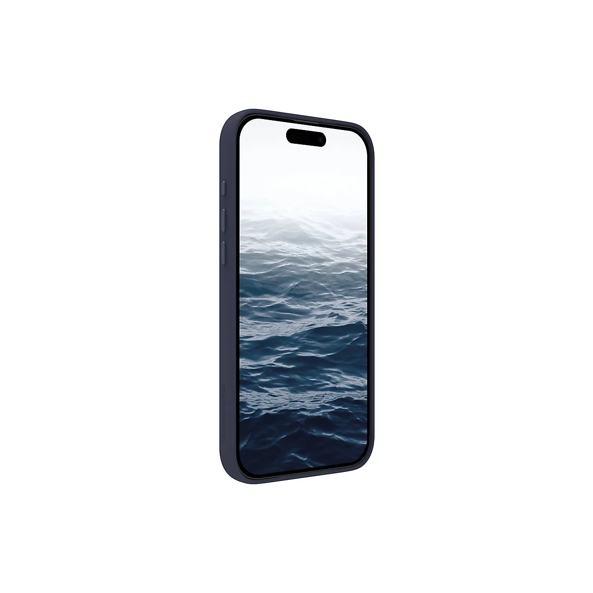 Ein dunkelblaues Smartphone mit Wellen-Hintergrund in Nahaufnahme, auf weißem Hintergrund.